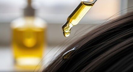 close-up of nourishing hair oil application with dropper on woman's dark hair indoors