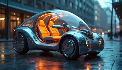 Fototapeta premium Futuristic pod car with glowing orange interior rests on wet city street at night. Shiny silver vehicle has bubble canopy, two seats. Innovations in urban mobility and auto tech.