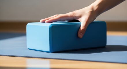 Fototapeta premium person using blue yoga block on mat during sunlight calming session indoors