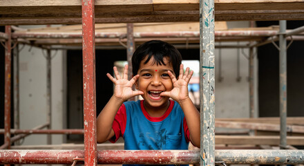 Obraz premium Happy Indian child making a funny face at a construction site. Playful young boy with a joyful smile looking at the camera. Portrait of childhood innocence