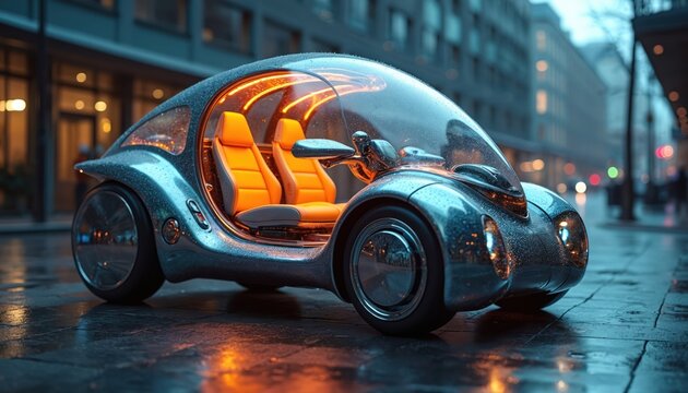 Futuristic pod car with glowing orange interior rests on wet city street at night. Shiny silver vehicle has bubble canopy, two seats. Innovations in urban mobility and auto tech. - Powered by Adobe
