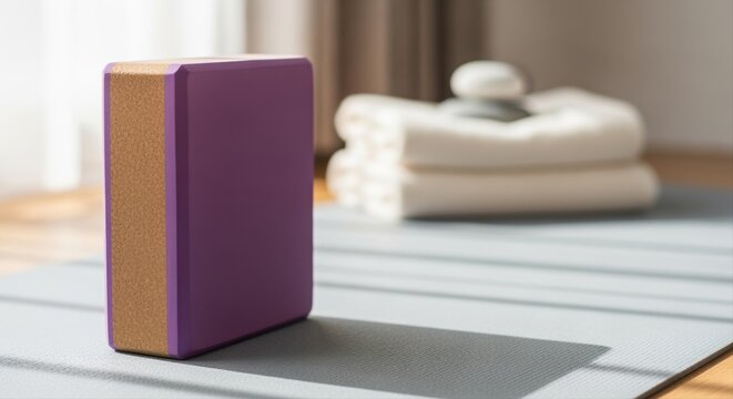 purple yoga block on mat in sunlit studio with towels in background, peaceful setting - Powered by Adobe