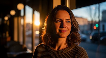 Woman Portrait by Window at Sunset
