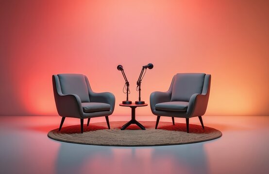 Modern podcast studio room features two grey armchairs for guests hosts. Two microphones stand on small table between chairs. Round rug defines space. Wall glows with red, orange light, creating