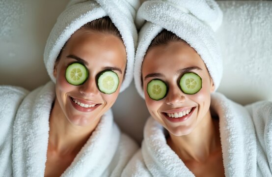 Two young women with cucumber slices on eyes smile. Friends enjoy spa day in white robes. Skincare beauty treatment with green vegetable slices. - Powered by Adobe
