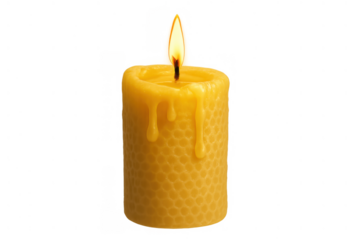 Yellow beeswax candle burning with a bright flame, creating a warm glow, spiritual energy, and relaxation on transparent background