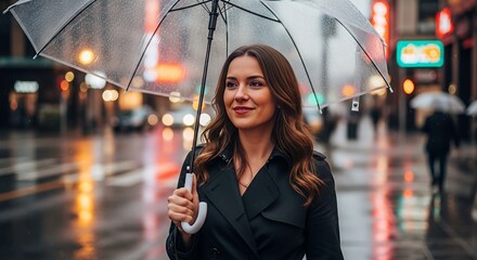 Woman With Umbrella in City Rain
