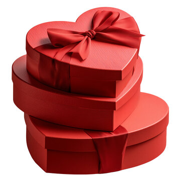 Cajas de regalo rom&aacute;nticas en forma de coraz&oacute;n, evocando amor, celebraci&oacute;n &iacute;ntima y lujo festivo elegante.Cajas rojas brillantes en forma de coraz&oacute;n con ribete dorado y lazos, apiladas piramidalmente.