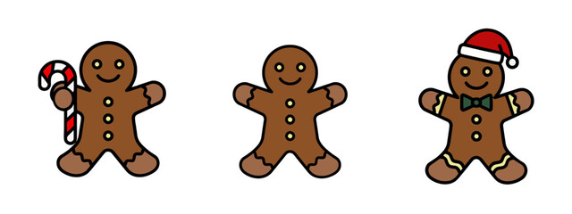Gingerbread men with candy cane and Santa hat on white background