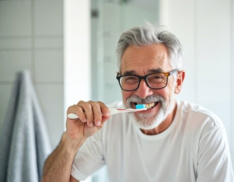 Elderly man with glasses brushes his teeth in morning bathroom hygiene. Senior smiles with toothbrush and toothpaste cleaning white healthy teeth. Mature male oral care routine.