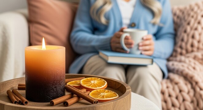cozy autumn scene with candle and citrus decor in living room with woman holding book and mug