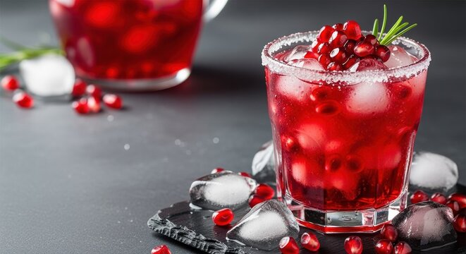 refreshing pomegranate cocktail with ice and rosemary on dark background with festive mood