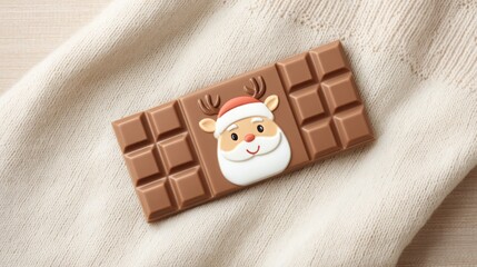 holiday gift for remote worker Chocolate bar with a festive reindeer design on a textured background.