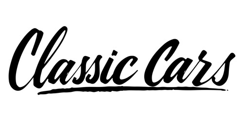 Handwritten inscription “Classic Cars” in elegant black ink calligraphy, isolated on transparent background