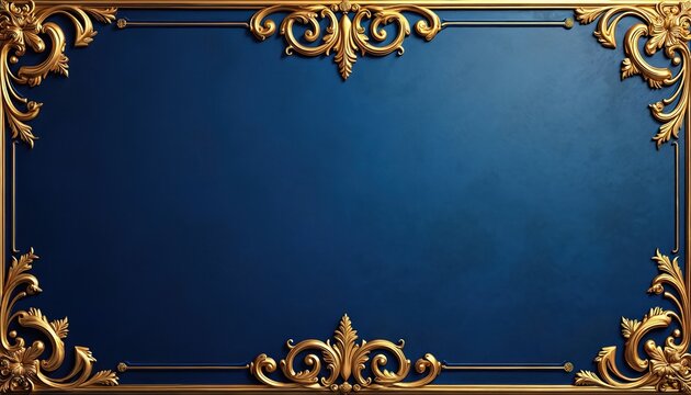 Decorative ornate gold border frames deep blue textured background. Elegant classic royal backdrop for invitations, certificates or luxury designs. Simple, rich, formal.