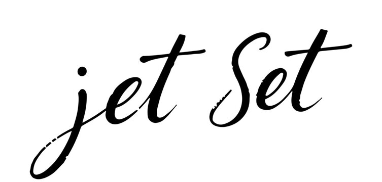 Handwritten inscription “Jet Set” in elegant black ink calligraphy, isolated on transparent background