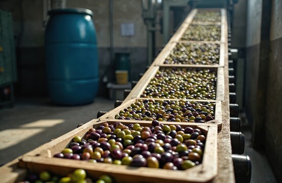 Olives move along a conveyor at a processing plant. Different olive varieties are sorted inside wooden crates. Green and purple olives are ready for oil production.