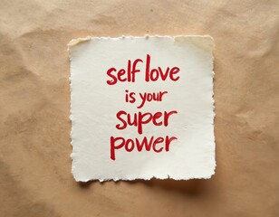 Text self love is your super power written with red ink on white paper. Message on a beige background. Positive affirmation for self development and well-being.