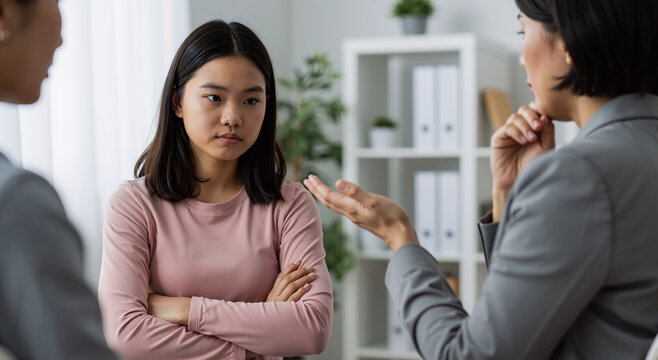 young asian woman listening attentively to coworker during office meeting discussion