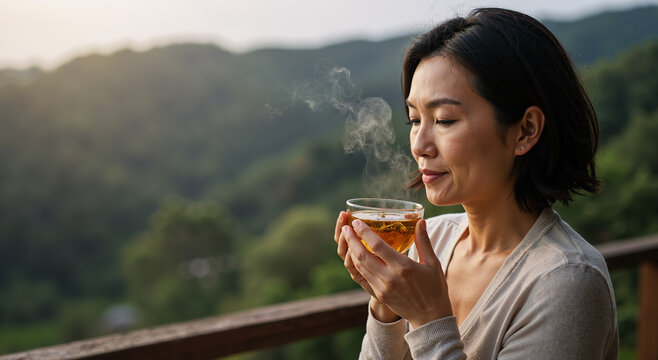 asian woman enjoying hot tea on a balcony overlooking lush green mountains at sunrise - Powered by Adobe