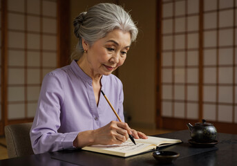 elderly asian woman writing in notebook with teapot in traditional japanese room
