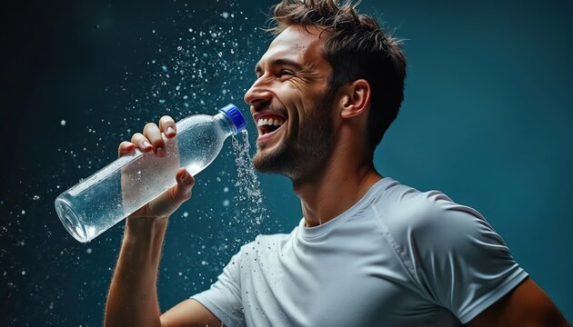 Smiling man drinks water from bottle on blue. Sportsman quenching thirst. Healthy lifestyle concept. Young person enjoys refreshing hydration after workout. Athletic male promoting bottled product.