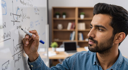 focused young man solving mathematical equations on whiteboard in modern office setting