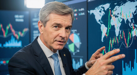 mature businessman analyzing global market trends on digital screen in office setting