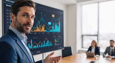 confident businessman presenting financial data to colleagues in modern office setting