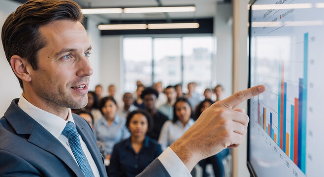 businessman delivering presentation to diverse team with charts in modern office setting