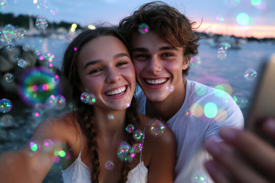 Young couple enjoys sunset by the water while taking selfies surrounded by bubbles