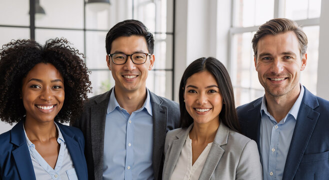 diverse business team smiling confidently in modern office setting during daytime