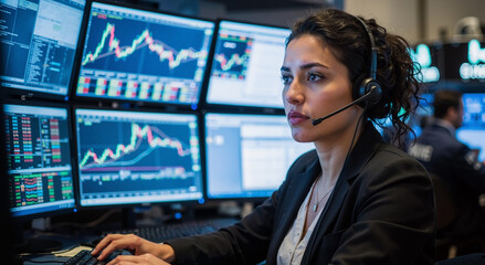 focused trader analyzing stock market data on multiple screens in modern office