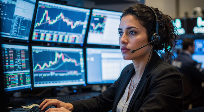 focused trader analyzing stock market data on multiple screens in modern office