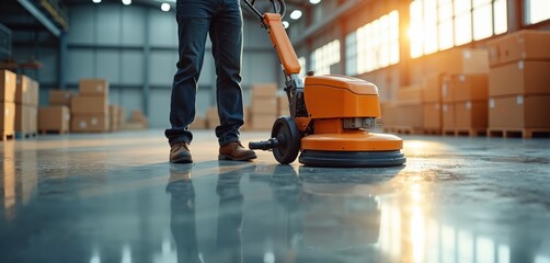 Man cleans warehouse floor with pro polishing machine. Worker maintains industrial area for hygiene. Professional service at work uses modern equipment with bright sunlight.