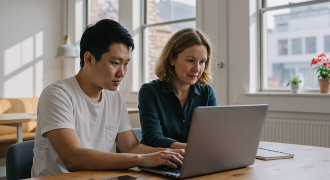 focused young adults collaborating on laptop in bright modern office space with natural light