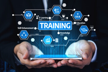 Digital illustration of hands holding a smartphone showing training and e-learning icons, symbolizing skill enhancement, knowledge development, and professional growth. Tessel