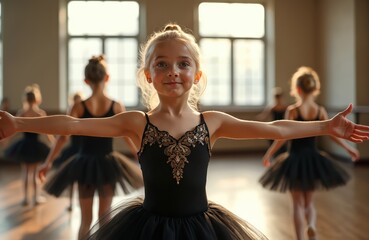 Young ballerinas rehearse in a ballet class. Little girls practice dance moves in a school studio. Cute child wears black tutu dress performs classical ballet art form.