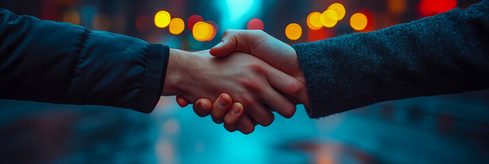 Close-up view of two individuals shaking hands firmly, symbolizing new agreement, partnership, or greeting in blurred nighttime urban environment with vibrant, colorful bokeh lights creating modern, c