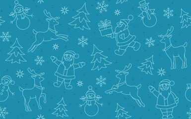 Christmas background with Santa Claus, reindeer, snowmen, trees and snowflakes. Seamless linear pattern on blue background for New Year and Christmas. Template for festive packaging, wrapping paper