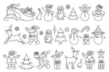 Christmas symbols and signs set. Santa Claus with gifts, reindeer. Christmas trees, jolly snowmen and cute penguins. Set icon Merry Christmas and New Year. Isolated. Vector