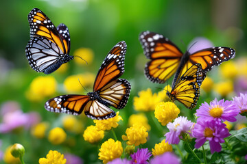 Fototapeta premium Vibrant monarch butterflies flying over colorful flowers in a lush garden