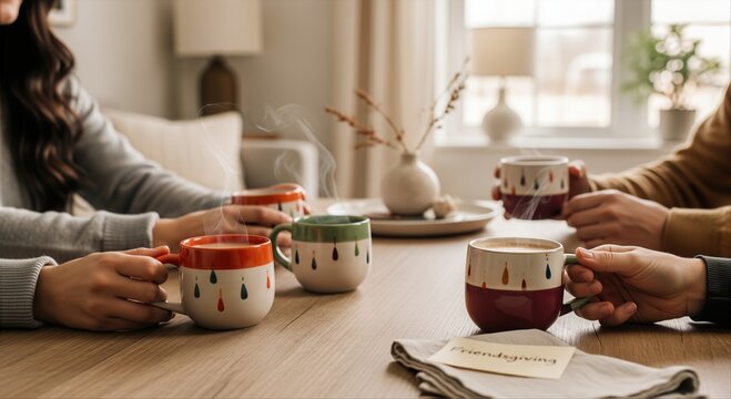 Friendsgiving Cups Gathering in Living Room