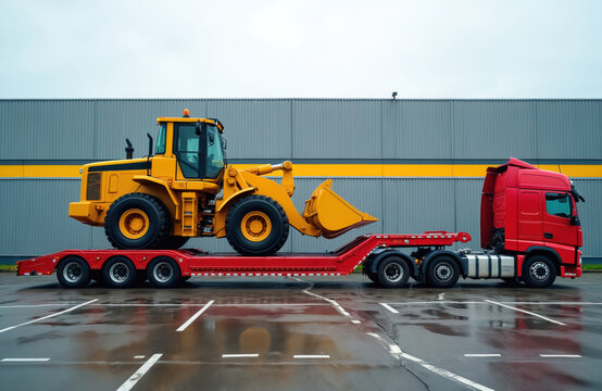 Red truck hauls large yellow bulldozer on trailer. Heavy equipment is secured on special lowboy trailer, ready for transport. This vehicle combination signifies immense construction power, logistics.