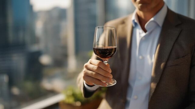 Luxury property developer raising glass in office overlooking high-rise commercial district, celebrating significant ROI from smart real estate acquisitions, symbolizing urban growth, investment