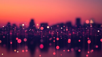 Abstract city skyline at dawn, with digital network elements