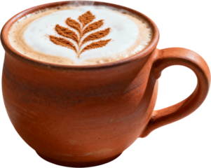 Warm Chai Latte with Cinnamon Foam Art in a Terracotta Mug