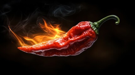 Red chili pepper in flames against black background