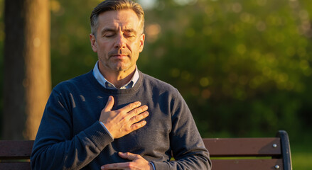 middle-aged man meditating with closed eyes on park bench during sunset, peaceful autumn scene