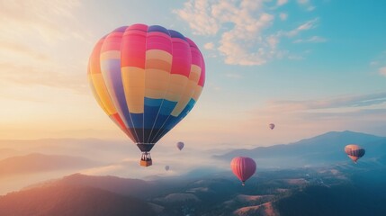 Obraz premium Colorful hot air balloons soar above misty mountains at sunrise